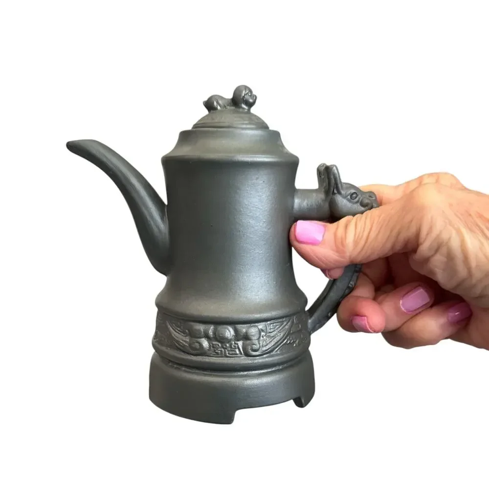 Vintage Black Stoneware Asian Teapot and 2 Cups